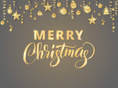 Neşeli Noel el yazı yazılmış. Altın glitter sınır, topları ve kurdeleler asma çelenk.