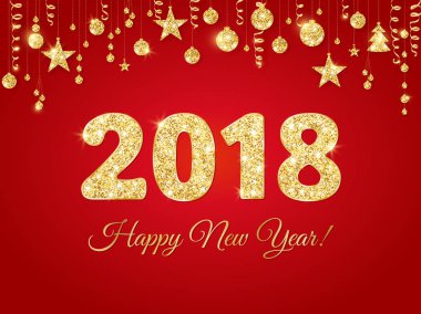 glitter tipografi tasarımı ile 2018 kartı. Altın parlak sayılar. Altın glitter sınır, topları ve kurdeleler asma çelenk