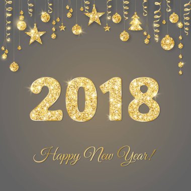 glitter tipografi tasarımı ile 2018 kartı. Altın parlak sayılar. Altın glitter sınır, topları ve kurdeleler asma çelenk
