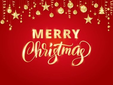 Neşeli Noel el yazı yazılmış. Altın glitter sınır, topları ve kurdeleler asma çelenk.