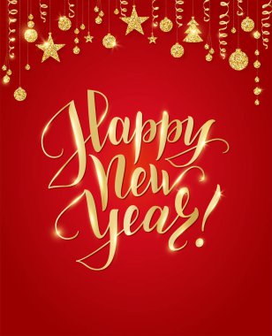 Neşeli Noel el yazı yazılmış. Altın glitter sınır, topları ve kurdeleler asma çelenk.