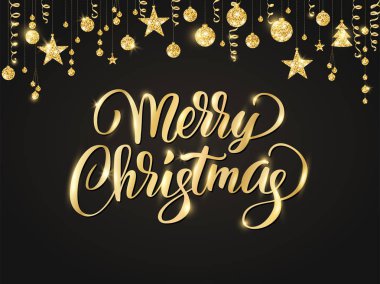 Neşeli Noel el yazı yazılmış. Altın glitter sınır, topları ve kurdeleler asma çelenk.