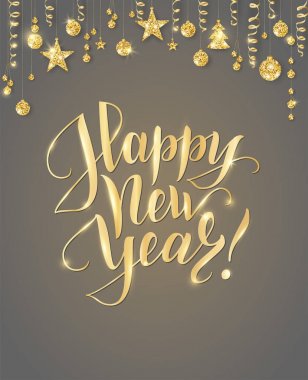 Neşeli Noel el yazı yazılmış. Altın glitter sınır, topları ve kurdeleler asma çelenk.