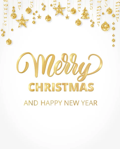 Merry Christmas handgeschreven letters. Gouden glitter grens, garland met hangende ballen en linten. — Stockvector