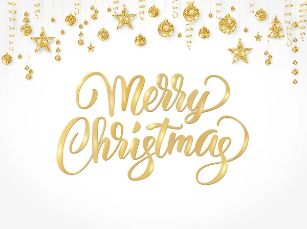 Feliz Navidad letra escrita a mano. Borde dorado brillo, guirnalda con bolas colgantes y cintas . — Archivo Imágenes Vectoriales