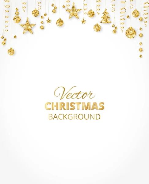 Glitter jiskřivé vánoční ozdoby. Zlaté fiesta hranice, slavnostní věnec s visící koule a stuhy izolované na bílém. — Stockový vektor
