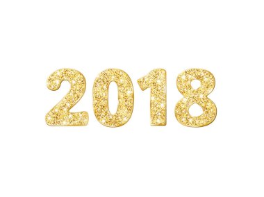2018 glitter tipografi tasarımı. Altın parlak sayılar üzerinde beyaz izole.