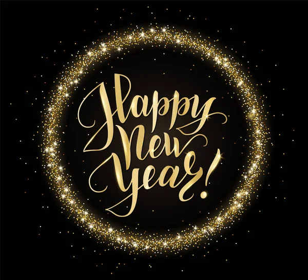 Tarjeta de oro y negro con texto Feliz Año Nuevo y marco de brillo. Fondo de vacaciones espumoso, borde de polvo de vectores — Vector de stock