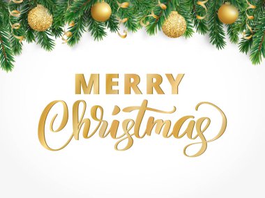 Neşeli Noel el yazı yazılmış. Kış tatil arka plan. Fiesta sınır köknar ağaç dalları ve süs eşyaları ile.