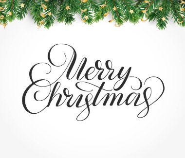 Neşeli Noel el yazı yazılmış. Kış tatil arka plan. Fiesta sınır köknar ağaç dalları ve süs eşyaları ile.