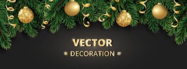 Kış tatil arka plan. Noel ağacı dalları ile sınır. Garland, çerçeve baubles, flamalar asma