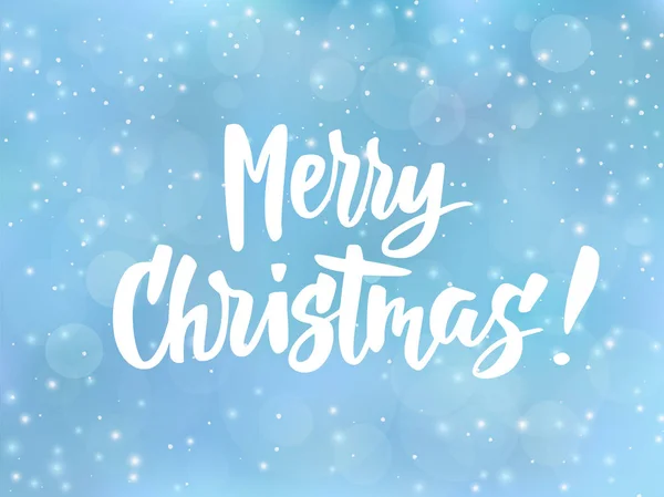 Merry Christmas tekst. Holiday groeten citeren. Blauwe onscherpe achtergrond met vallende sneeuw effect. — Stockvector