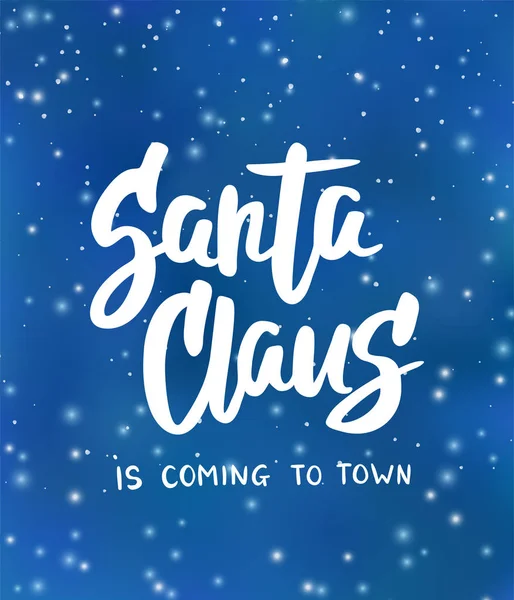 Der Weihnachtsmann kommt in die Stadt. Urlaubsgrüße zitieren. blauer Hintergrund mit fallendem Schnee-Effekt — Stockvektor