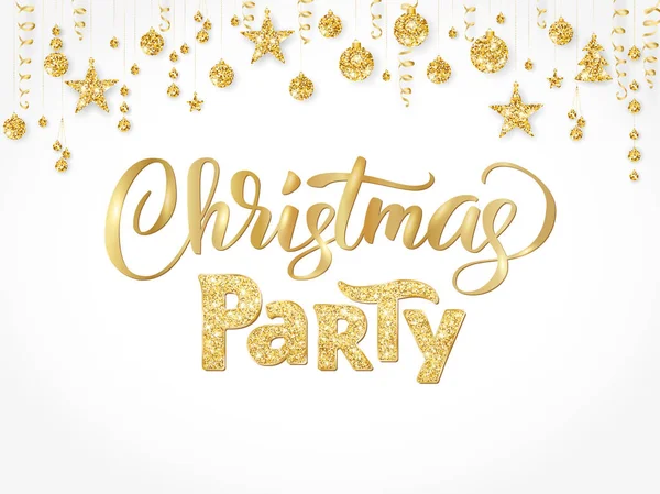 Karácsonyi party a reklámplakát, arany, fehér. Kézzel írott betűkkel. Elszigetelt arany csillogó szegéllyel, garland függő labdák és szalagok. — Stock Vector