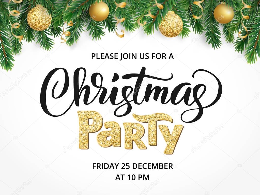 Christmas party poster template. Hand written lettering, sparkling typography. Fir tree garland, border with hanging balls and ribbons.