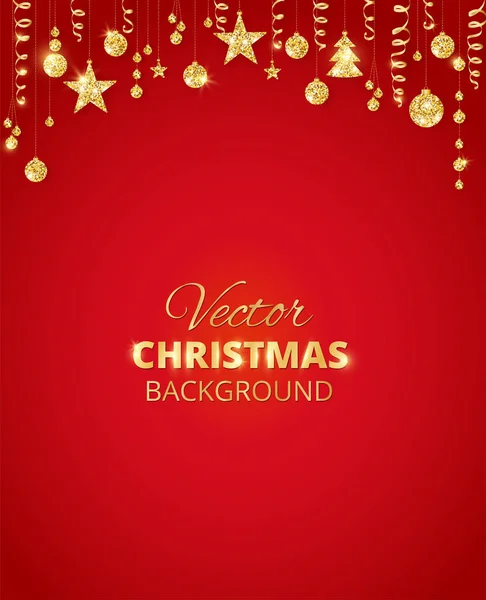 Brillantes adornos de brillo navideño. Frontera de fiesta dorada, guirnalda festiva con bolas colgantes y cintas . — Vector de stock