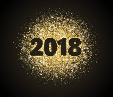 2018 glitter tipografi tasarımı. Altın parlak vektör toz daire numaraları siyah ile.
