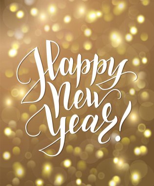 Mutlu yeni yıl metin. Tatilden selamlar alıntı. Pırıl pırıl parlayan altın arka plan, bokeh Efekt ışıkları.
