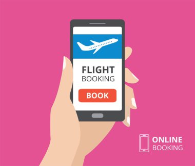 Smartphone ile kitap düğmesini ve uçak simgesi ekranda tutan el. Online bilet kavramı tasarım, mobil uygulama rezervasyon uçuş