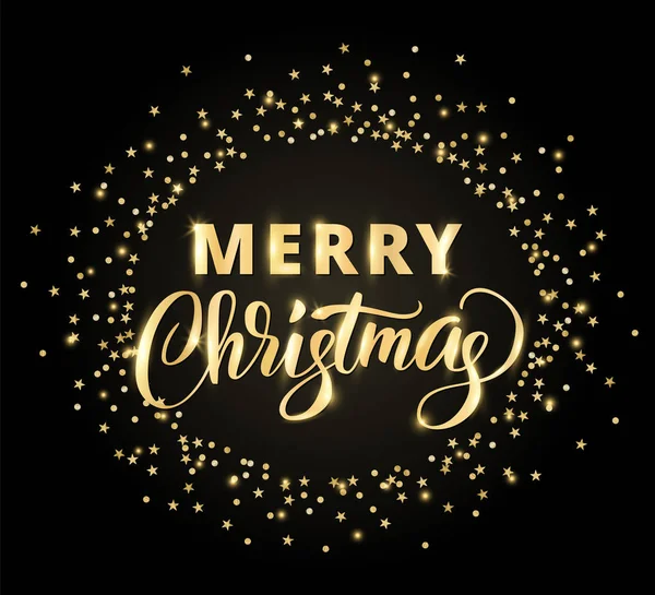 Merry Christmas card met de hand geschreven letters. Gouden glitter grens, confetti vallen op zwart. — Stockvector