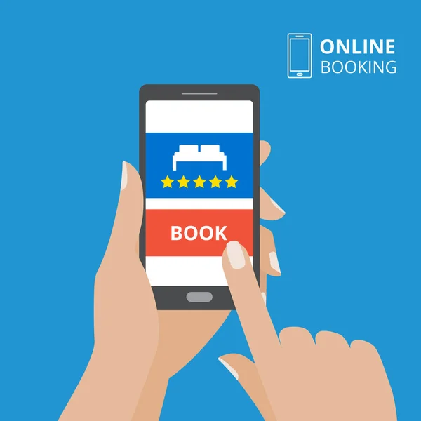 Design concept of hotel booking online. Hand holding smartphone with book button and bed icon on screen — Stock Vector