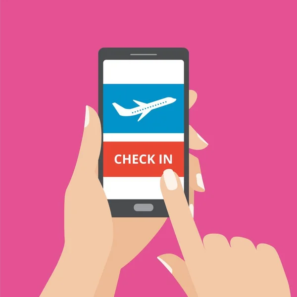 Kezében smartphone-val online check gomb és a repülőgép ikon a képernyő. Koncepció a mobil alkalmazás. — Stock Vector