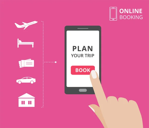 Mão segurando smartphone com botão de livro na tela. Elementos de design de reservas online. hotel, voo, carro, bilhetes — Vetor de Stock
