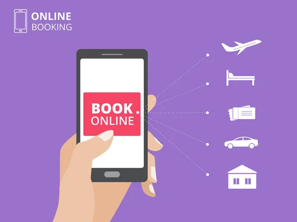 Hand som håller smartphone med bok-knappen på skärmen. Online bokning designkoncept. Hotell, flyg, bil, biljetter. — Stock vektor
