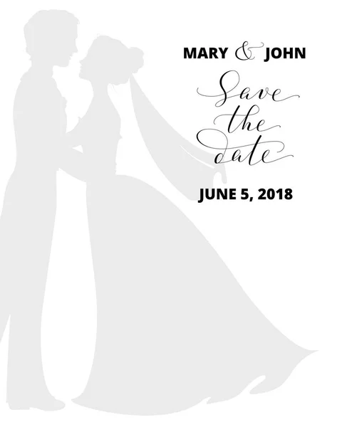 De datum-kaartje opslaat met bruid en bruidegom silhouetten en handgeschreven aangepaste kalligrafie — Stockvector