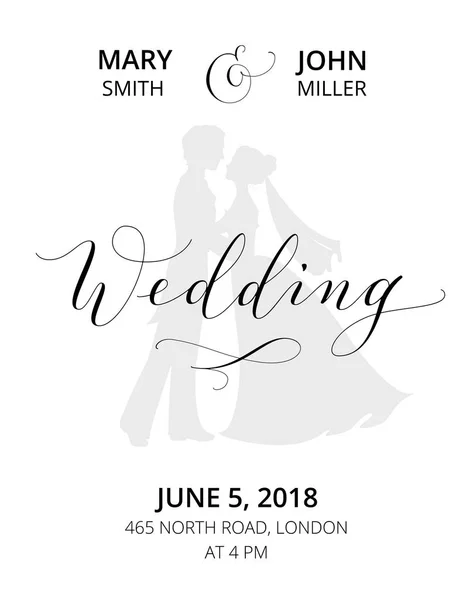 Προσκλητήριο γάμου με τη νύφη και γαμπρός σιλουέτες και χειρόγραφη συνήθειας καλλιγραφία. — Διανυσματικό Αρχείο