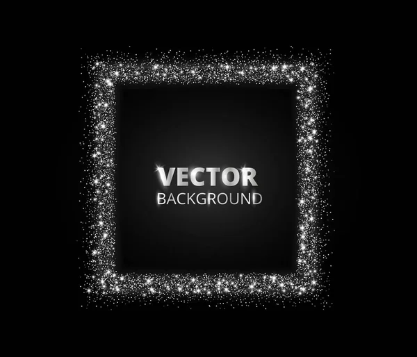 Festive silver sparkle background. Glitter border, circle frame. Vector dust, diamonds, snow on black. — Stock Vector