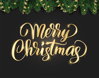 Neşeli Noel el yazı yazılmış. Kış tatil arka plan. Fiesta sınır köknar ağaç dalları ve süs eşyaları ile.
