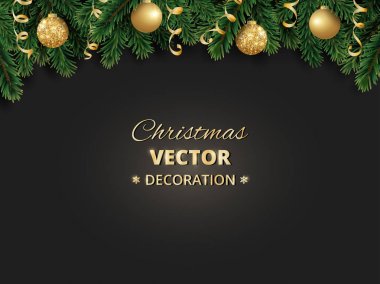 Kış tatil arka plan. Noel ağacı dalları ile sınır. Garland, çerçeve baubles, flamalar asma