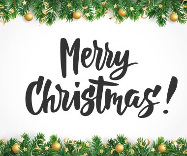 Neşeli Noel metin. Köknar ağaç dalları ve baubles. Büyük Noel ve yeni yıl kartları, Hediyelik Etiketler ve etiketleri için.