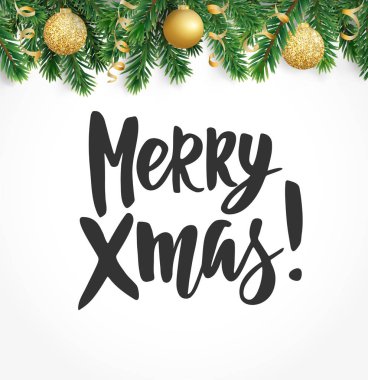 Merry Xmas metin, çizilmiş yazı el. Köknar ağaç dalları ve baubles ile kış tatil sınır. Büyük Noel kartları, Hediyelik Etiketler ve etiketleri için.