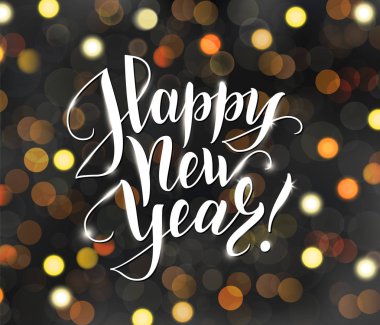Mutlu yeni yıl metin. Tatilden selamlar alıntı. Koyu arka plan, bokeh etkisi üzerinde parlayan altın ışıklar.
