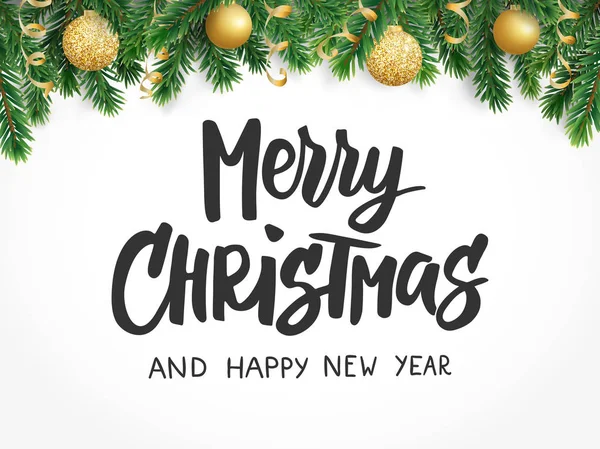 Neşeli Noel metin. Köknar ağaç dalları ve baubles. Büyük Noel ve yeni yıl kartları, Hediyelik Etiketler ve etiketleri için.