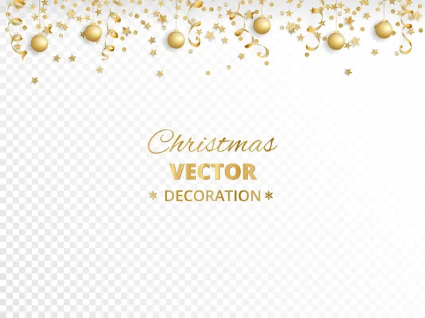 Holiday background. Isolated golden garland border, frame. Hanging baubles, streamers, falling confetti — Stock Vector