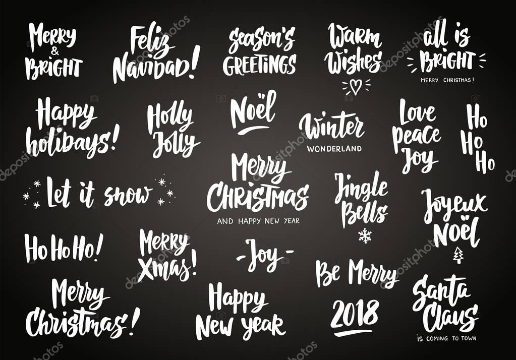 Set of holiday greeting quotes and wishes. Hand drawn text, brush lettering. Merry Christmas, Happy New year, Happy Holidays etc. Great for cards, gift tags and labels, photo overlays, party posters.