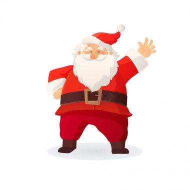 Noel vektör çizim. Komik karikatür Noel Baba elini sallayarak ve tebrik red hat ile