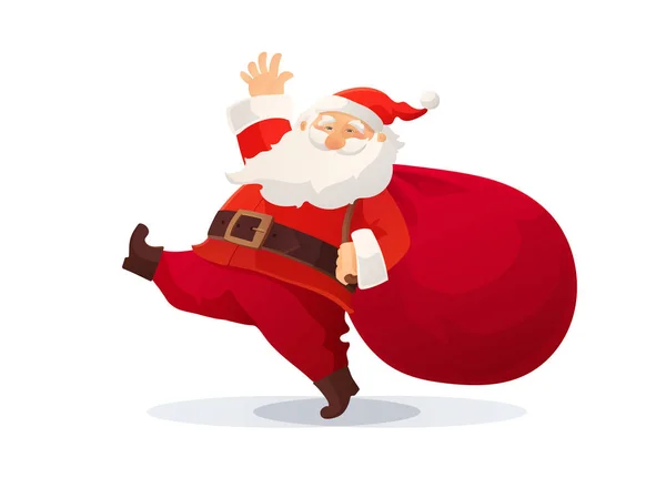 Christmas vektorillustration. Rolig tecknad tomte med stor röd väska med presenter. — Stock vektor