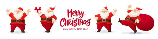 Zestaw kreskówka Christmas ilustracje na białym tle. Zabawny zadowolony Santa Claus charakter z darem, worek z prezentami, macha i pozdrowienie. — Wektor stockowy