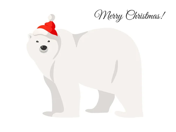 Weihnachtskarte. Abbildung des weißen Eisbären mit Weihnachtsmannmütze isoliert auf weißem Hintergrund. — Stockvektor