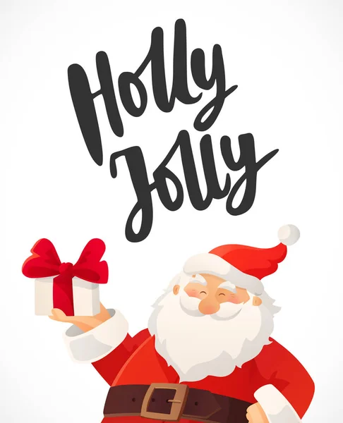 Biglietto di Natale. Holly Jolly testo disegnato a mano. Divertente cartone animato Babbo Natale contenente scatola regalo con fiocco rosso . — Vettoriale Stock