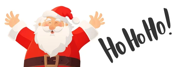 Kerst banner met grappige cartoon Santa Claus. Ho-ho-ho hand getrokken tekst. Kerstmuts van rood en baard. — Stockvector
