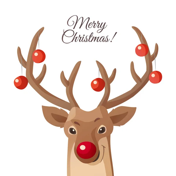 Cartoon Kerstmis illustratie. Grappige Rudolph rode neus rendieren op wit wordt geïsoleerd. Vector. — Stockvector