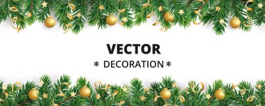 Kış tatil arka plan. Noel ağacı dalları ile sınır. Garland, çerçeve baubles, flamalar asma