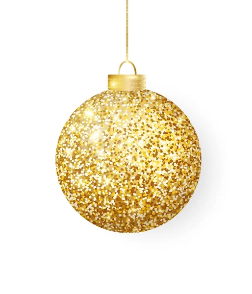 Hanging Christmas golden ball isolated on white. Sparkling glitter texture bauble, holiday decoration — Stock Vector
