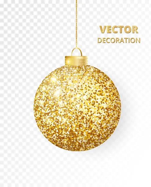 Hängende goldene Weihnachtskugel isoliert auf weiß. funkelnde Glitzertextur, Weihnachtsdekoration — Stockvektor