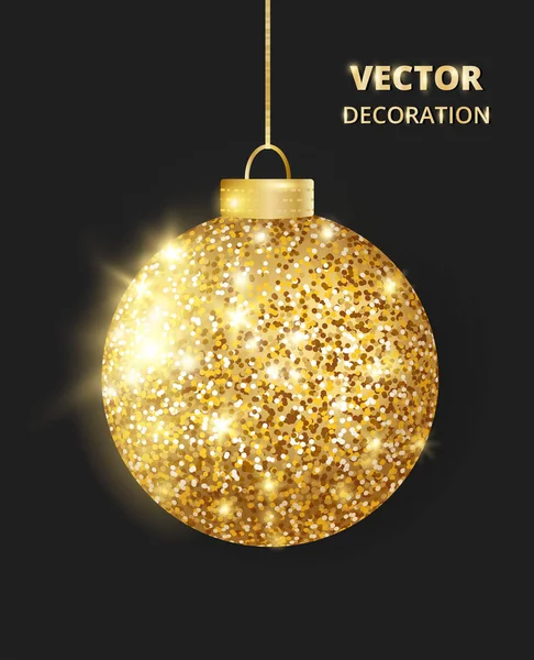 Noel altın topu siyah arka plan üzerine asılı. Köpüklü glitter doku önemsiz şey, tatil dekorasyon